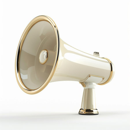 A polished cream and gold megaphone, rendered in 3D, isolated on a seamless white background, conveying a sense of classic communication.の素材