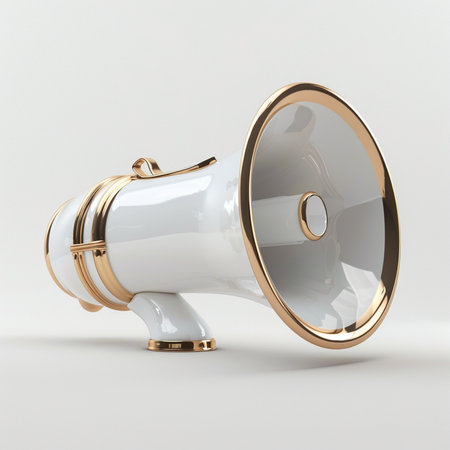 A sophisticated white megaphone featuring luxurious gold trim and decorative bands, presented on a neutral, light-colored backdrop.の素材