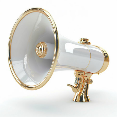 A high-end white megaphone featuring polished gold trim and handle, presented on a clean white background.の素材