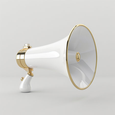 A stylish white megaphone featuring polished gold trim and handle, presented on a minimalist gray studio background. Perfect for concepts of communication and announcement.の素材
