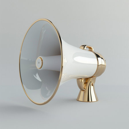 A luxurious white megaphone featuring gleaming gold trim and handle, presented on a clean, neutral studio backdrop.の素材