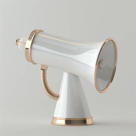 A sleek white megaphone with polished gold trim and flexible hose, presented against a neutral gray backdrop.の素材