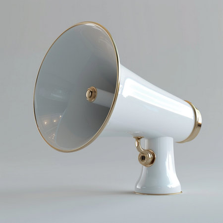 A classic white megaphone with polished gold trim and handle, presented in a clean studio setting against a neutral background.の素材