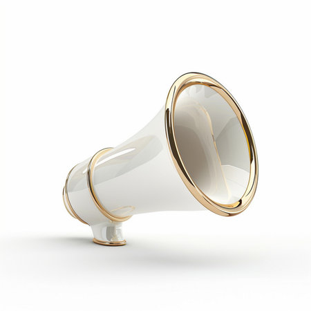 A sleek, modern white megaphone featuring polished gold trim, isolated on a clean white backdrop. A symbol of communication and announcement.の素材
