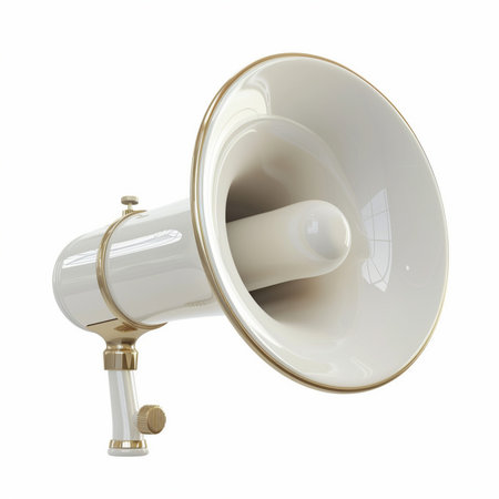 A professional studio photograph of a sleek white megaphone featuring decorative gold trim and detailing, isolated on a clean white backdrop.の素材