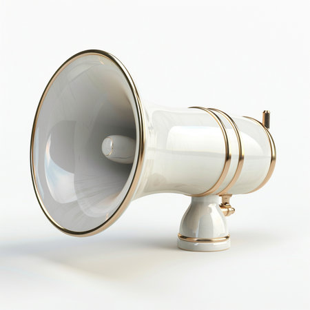 A stylish white megaphone featuring decorative gold trim, presented against a neutral white backdrop, symbolizing communication and announcement.の素材