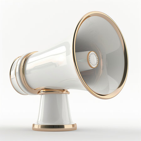 A sophisticated white megaphone adorned with polished gold accents, representing clear communication and announcement.の素材
