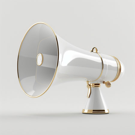 A stylish white megaphone adorned with luxurious gold accents, presented in a clean studio setting on a neutral background.の素材