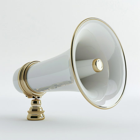 A luxurious white megaphone adorned with gleaming gold trim and a matching gold accent on the cone, presented against a clean white background.の素材