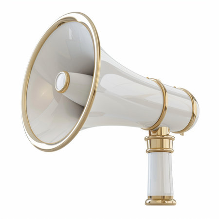 A classic white megaphone with luxurious gold accents, presented in a clean studio setting. Isolated on a white background.の素材