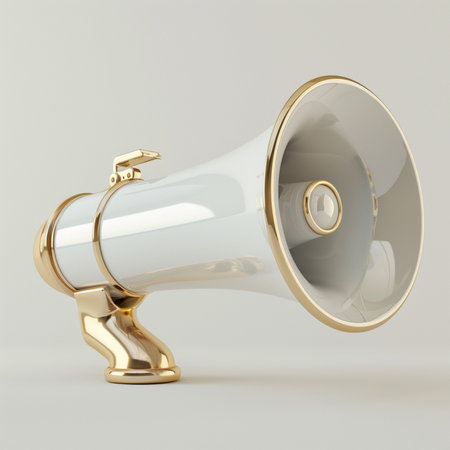 A stylish white megaphone adorned with polished gold trim and handle, presented on a clean, light-colored backdrop.の素材