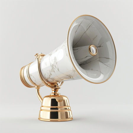 An ornate megaphone trophy with a marble and gold finish, symbolizing communication, announcement, and achievement.の素材