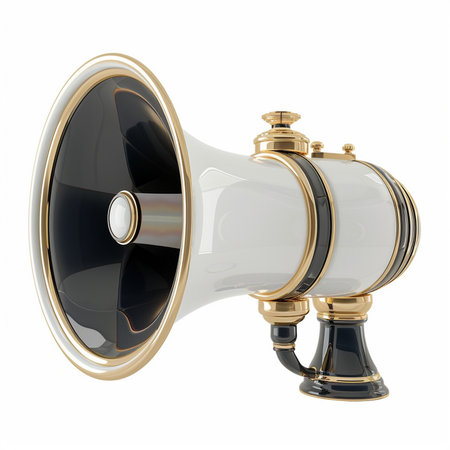 A stylized, vintage-style megaphone featuring a white body with striking gold and black decorative elements, presented on a clean white background.の素材