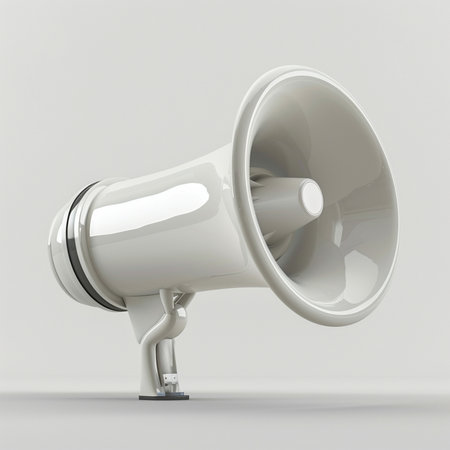 A minimalist, glossy white megaphone isolated on a plain light gray background. Professional studio lighting highlights its smooth surface.の素材