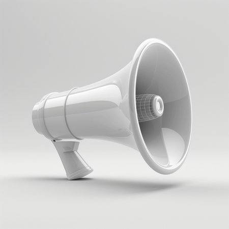 A clean, modern, and shiny white megaphone isolated on a plain light gray background with subtle shadowing, presented in a studio setting.の素材