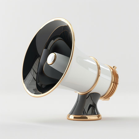 A stylized, modern megaphone in white, black, and gold, perfect for representing communication or alerts with a touch of class.の素材