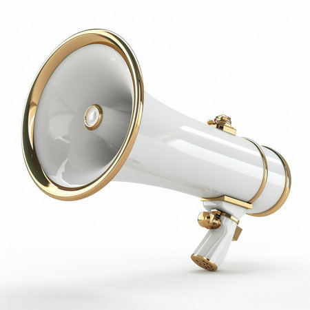Elegant white megaphone with ornate gold trim and a detailed handle, isolated on a white background.の素材
