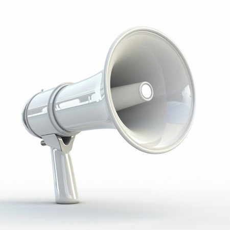 A shiny white megaphone bullhorn is presented in a studio setting against a clean white background. Ideal for concepts of communication and public address.の素材
