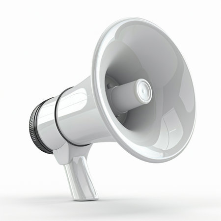 A clean, realistic 3D render of a white megaphone, angled slightly, on a plain white surface with a soft shadow.の素材