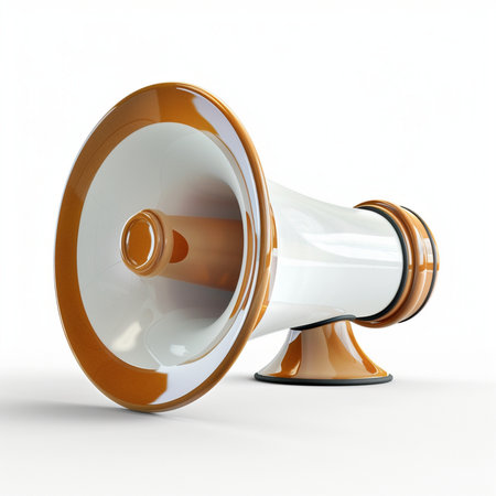 A 3D render of a sleek, modern megaphone in orange and white, featuring a glossy finish and a smooth, reflective surface.の素材