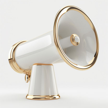 A high-end white megaphone with elegant gold accents, presented on a seamless white backdrop.の素材