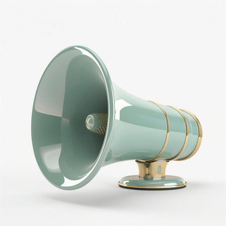 A vintage-style megaphone in mint green with elegant gold accents, presented on a clean white studio background.の素材