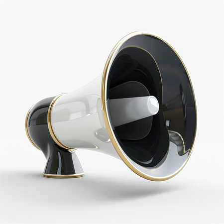 A sleek, modern megaphone featuring a glossy black and white design with elegant gold trim, presented in a clean studio setting.の素材