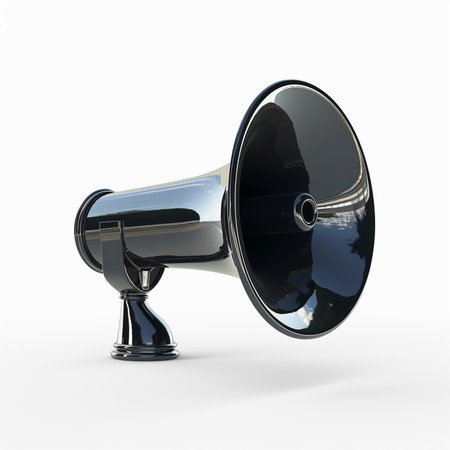 A sleek, modern black megaphone with a highly reflective surface, isolated on a clean white background.の素材