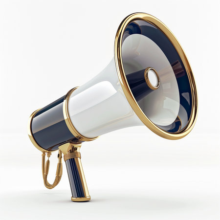 A high-quality, detailed 3D render of a luxury megaphone featuring a sleek design with gold trim, symbolizing communication and announcement.の素材