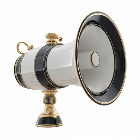 A detailed 3D render of an ornate, vintage-style megaphone trophy, featuring gleaming gold and sleek black detailing on a white background.の素材