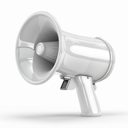 A sleek, glossy white megaphone stands on a white background, symbolizing communication and announcement.の素材