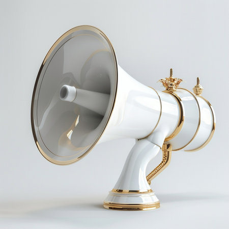 A high-end, ornate white megaphone adorned with elegant gold trim and decorative crown elements, presented on a simple white backdrop.の素材