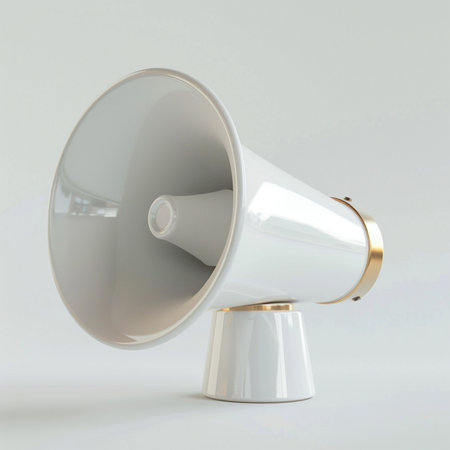 A sleek, contemporary white megaphone featuring elegant gold trim, presented on a minimalist light-colored surface.の素材