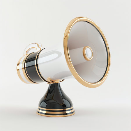 A stylish, modern megaphone featuring a white body, black accents, and elegant gold trim, presented on a clean studio background.の素材