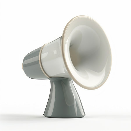 A sleek, modern megaphone in gray and white, featuring a smooth, curved design and a wide bell, isolated on a white background.の素材