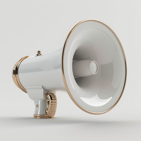 A high-quality, modern white megaphone featuring elegant gold trim and handle, presented on a neutral white backdrop.の素材