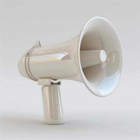 A detailed 3D illustration of a classic beige megaphone, presented against a clean white backdrop.の素材