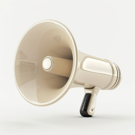 A vintage-style megaphone with a classic design, featuring a wide horn and a textured handle, isolated on a clean background.の素材