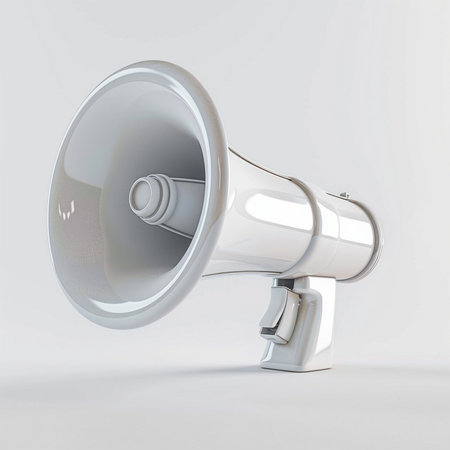 A detailed 3D model of a white megaphone, isolated on a clean white surface. Perfect for concepts of sound, voice, or communication.の素材