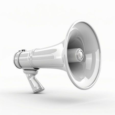 A clean, professional 3D render of a white, vintage-style megaphone isolated on a seamless white backdrop.の素材