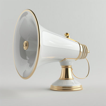 A stylish white megaphone with gold accents, presented on an elegant stand, symbolizing communication and broadcasting.の素材