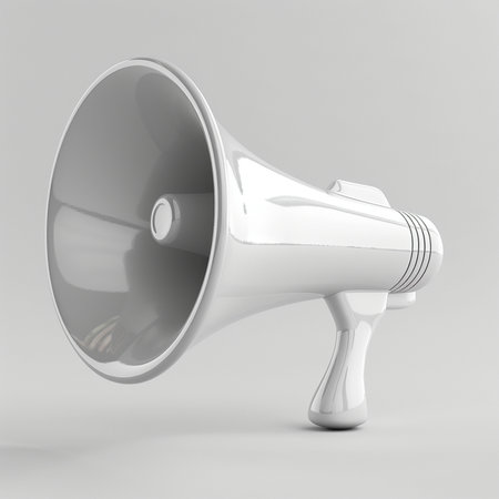 A white megaphone is shown in a studio setting, isolated on a plain light gray background. The object is rendered in 3D.の素材