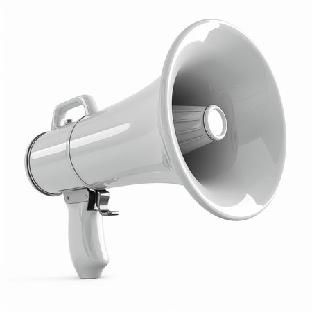 A sleek, white megaphone with a comfortable handle and trigger, isolated on a clean white backdrop.の素材