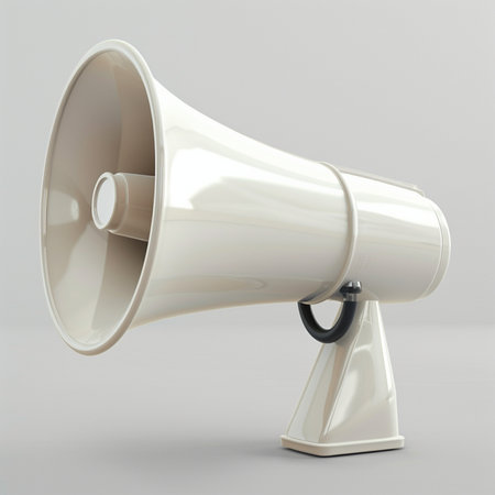 A close-up, studio shot of a realistic white megaphone with a black handle, presented on a plain light gray background.の素材