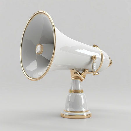 White megaphone on a gray background. 3d rendering.の素材