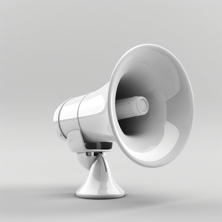 A realistic 3D render of a white megaphone, isolated on a plain light gray studio background. Focus on the object.の素材