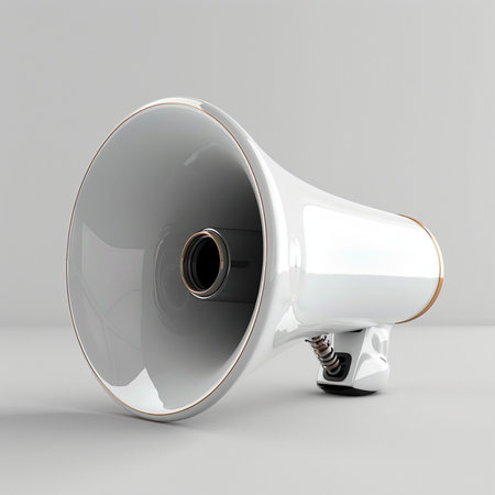 White megaphone on gray background. 3d render illustration.の素材