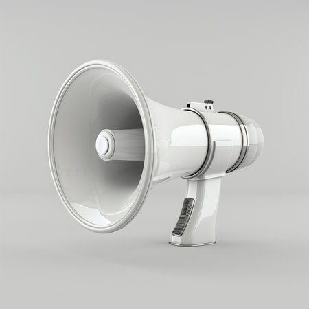 Megaphone isolated on gray background. 3d render illustration.の素材