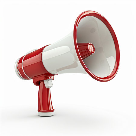 Red megaphone isolated on white background. 3D illustration.の素材