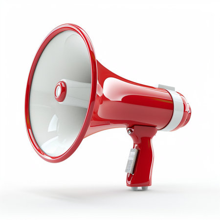 Red megaphone isolated on white background. 3D illustration.の素材